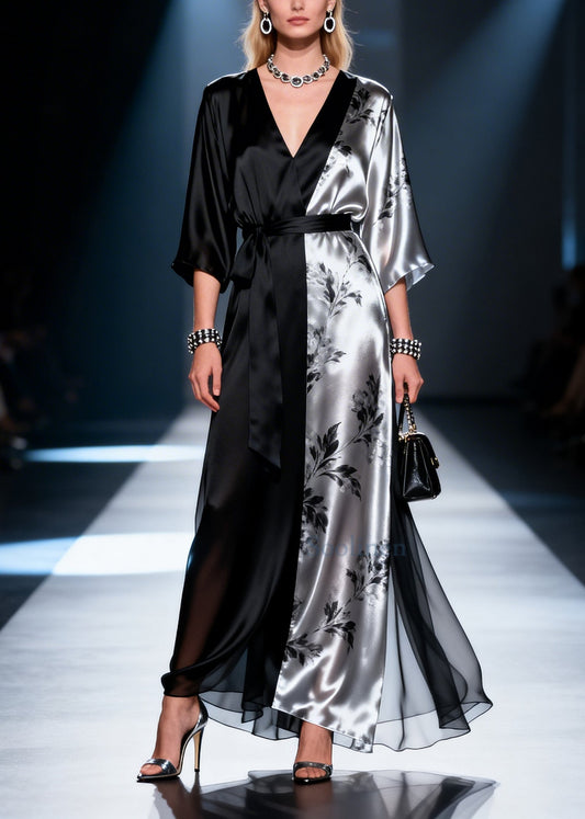 Unique Black Asymmetrical Patchwork Draping Chiffon Tunic Dress Summer