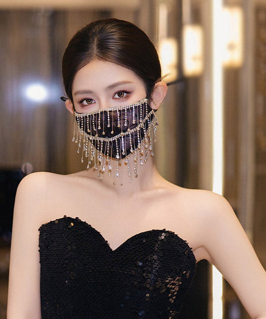 Unique Black Lace Embroidery Tassel Patchwork Mask