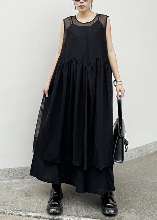 Unique Black O Neck Wrinkled Patchwork Cotton Dress Sleeveless