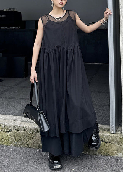 Unique Black O Neck Wrinkled Patchwork Cotton Dress Sleeveless