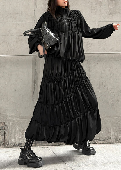 Unique Black Zip Up Wrinkled Cotton Two Pieces Set Fall