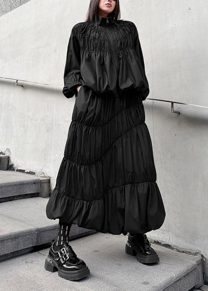 Unique Black Zip Up Wrinkled Cotton Two Pieces Set Fall
