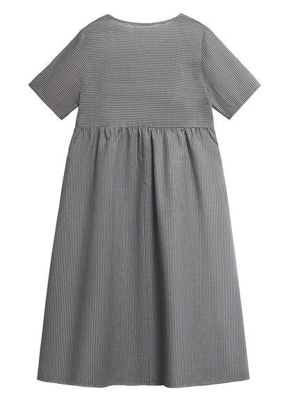Unique Blue O Neck Striped Pockets Cotton Dress Summer