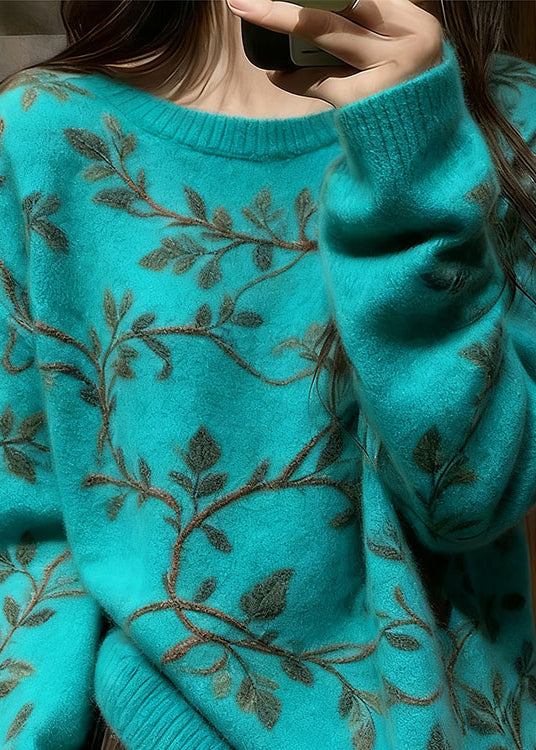Unique Blue O Neck Thick Floral Knit Sweaters Winter