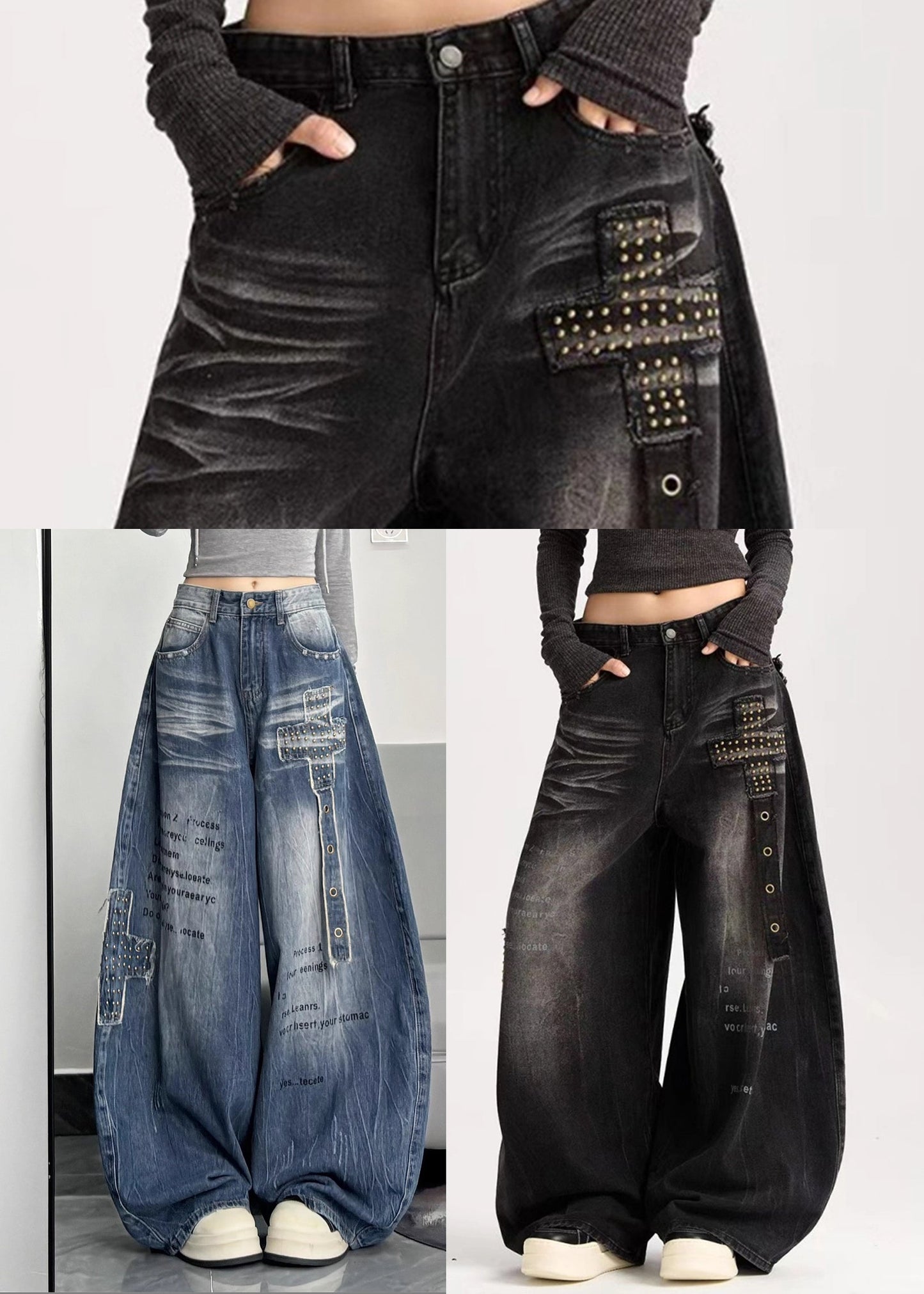 Unique Blue Oversized Rivet Warm Fleece Denim Pants Winter