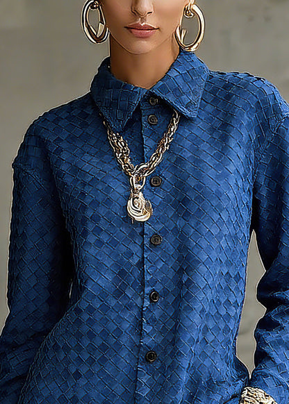 Unique Blue Peter Pan Collar Plaid Button Faux Suede Shirt Spring