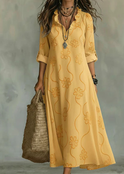 Unique Blue Ruffled Print Cotton Long Dress Summer