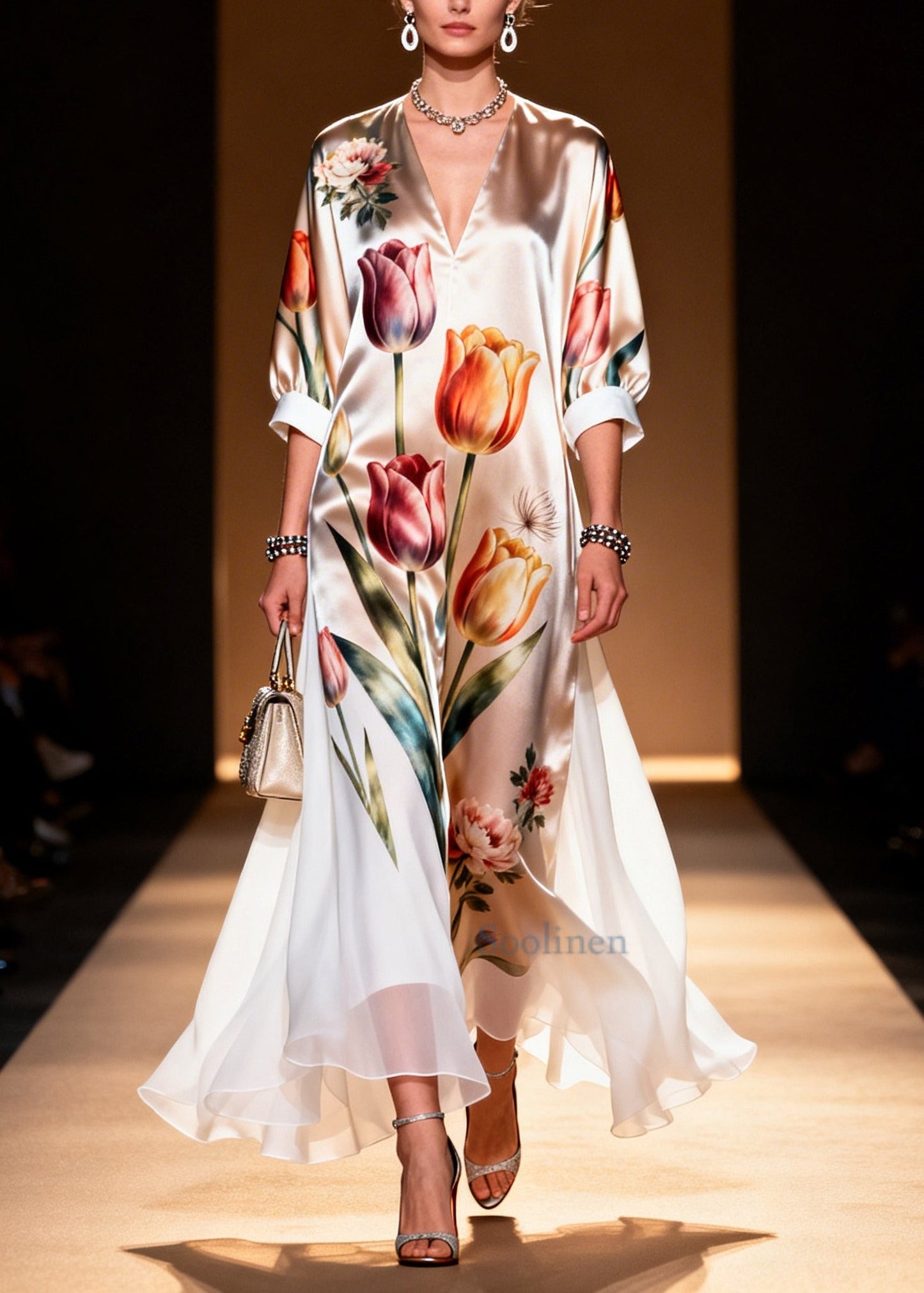 Unique Champagne Floral Print Draping Silk Ankle Dress Summer
