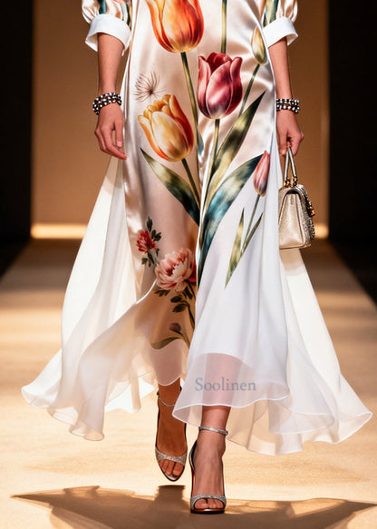 Unique Champagne Floral Print Draping Silk Ankle Dress Summer