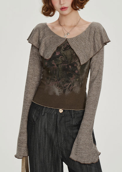 Unique Chocolate Peter Pan Collar Print Top Flare Sleeve