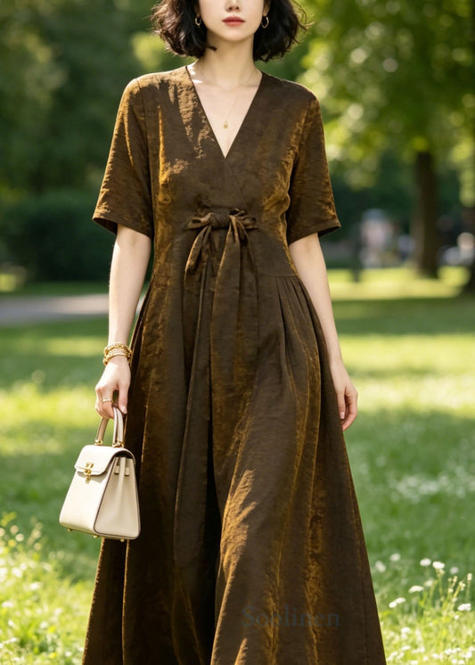 Unique Coffee V Neck Bow Patchwork Silk Long Dresses Summer