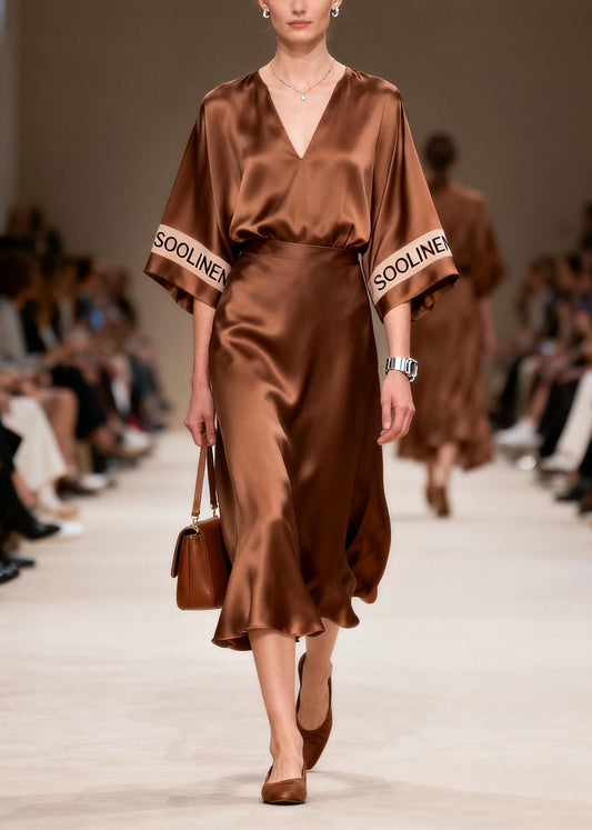 Unique Coffee V Neck Tunic Silk Maxi Dress Spring