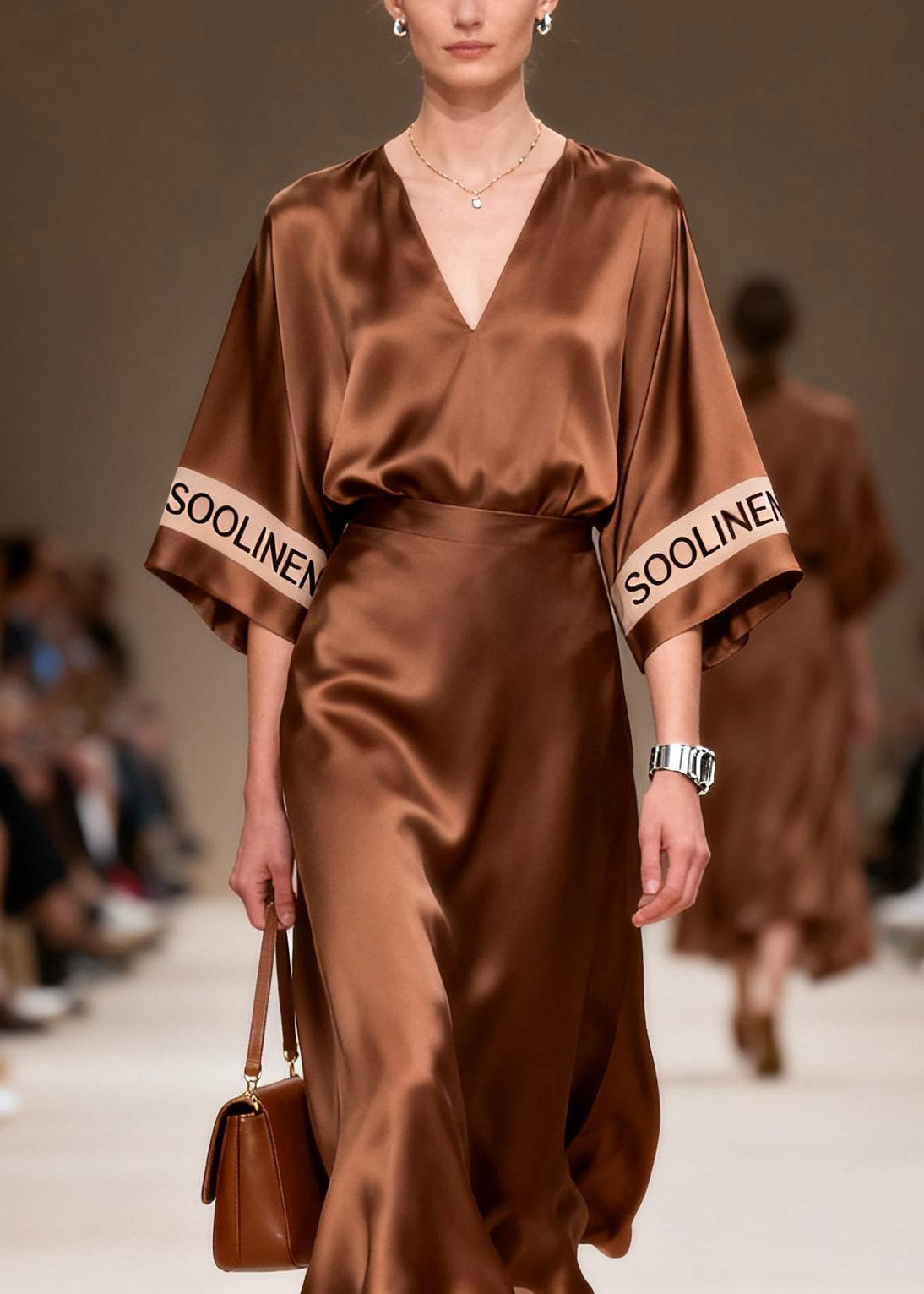 Unique Coffee V Neck Tunic Silk Maxi Dress Spring