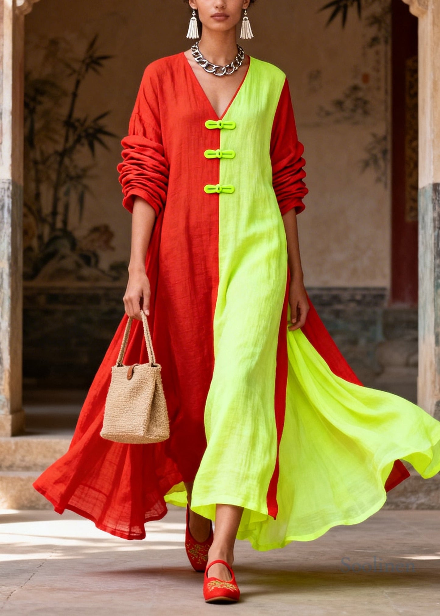 Unique Colorblock Asymmetrical Patchwork Cotton Vacation Dresses Long Sleeve