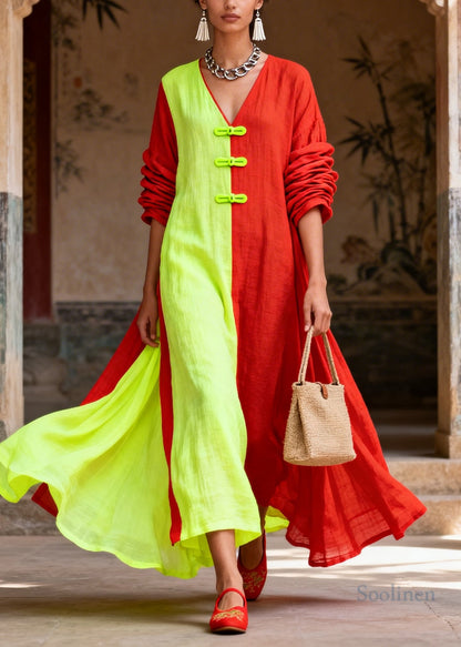 Unique Colorblock Asymmetrical Patchwork Cotton Vacation Dresses Long Sleeve