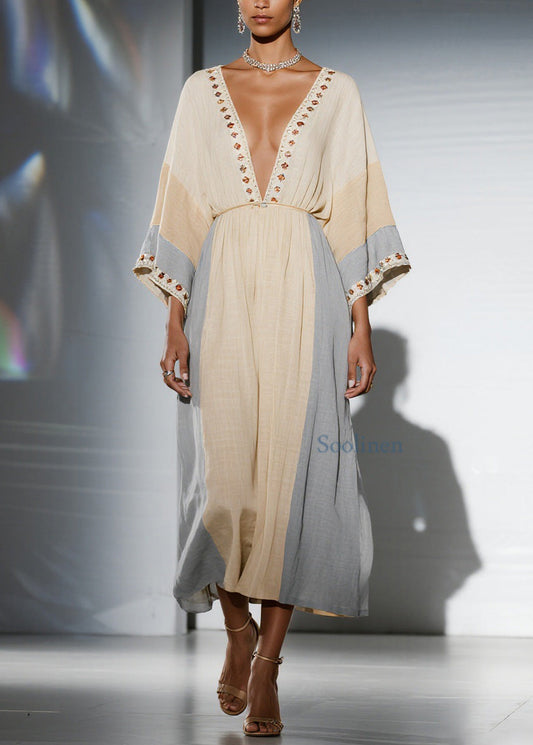 Unique Colorblock V Neck Patchwork Cotton Dress Summer