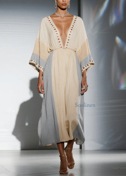 Unique Colorblock V Neck Patchwork Cotton Dress Summer