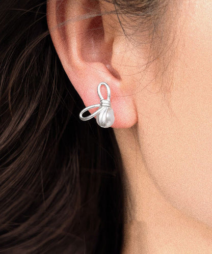 Unique Copper Overgild Bow Pearl Stud Earrings