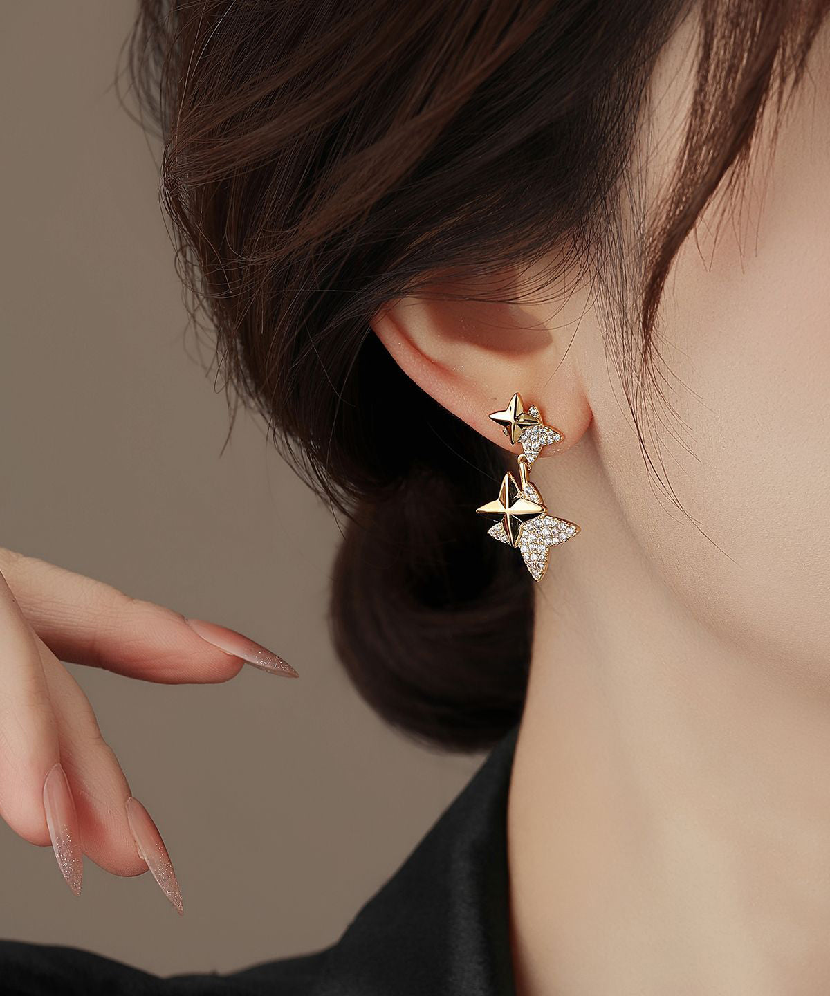 Unique Gold Copper Zircon Star Drop Earrings
