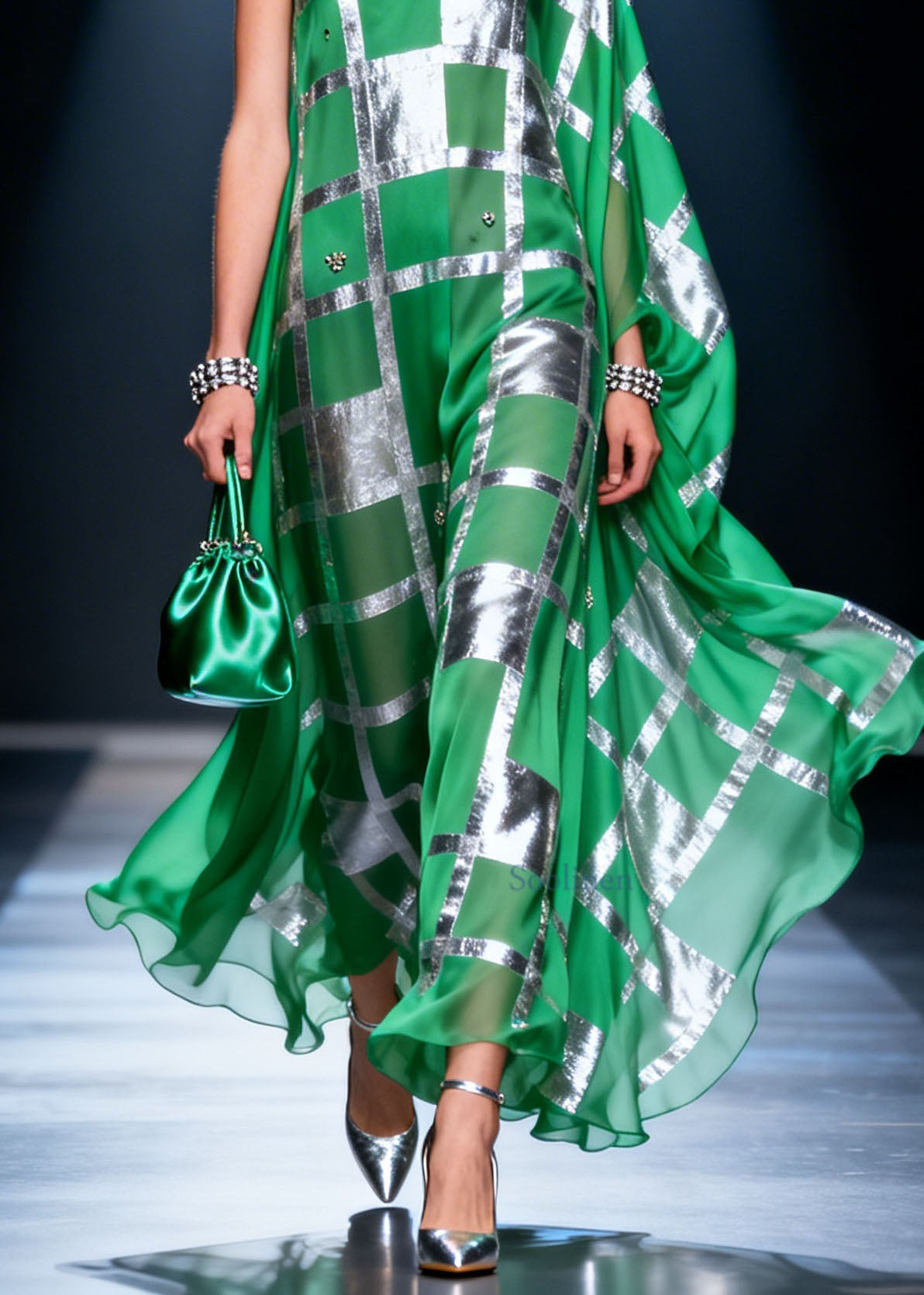 Unique Green V Neck Asymmetrical Design Print Chiffon Maxi Dresses Summer