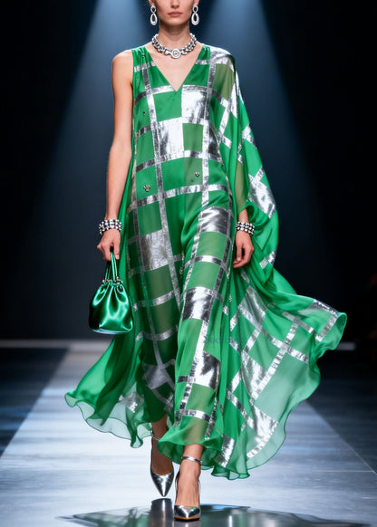 Unique Green V Neck Asymmetrical Design Print Chiffon Maxi Dresses Summer