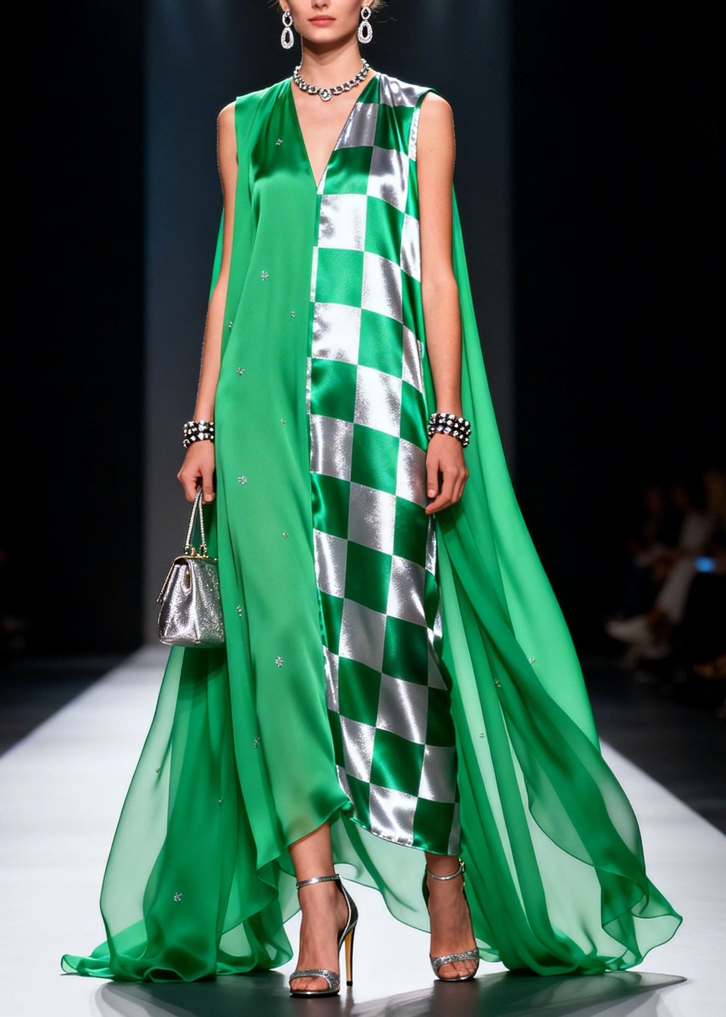 Unique Green V Neck Patchwork Chiffon Long Dress Summer