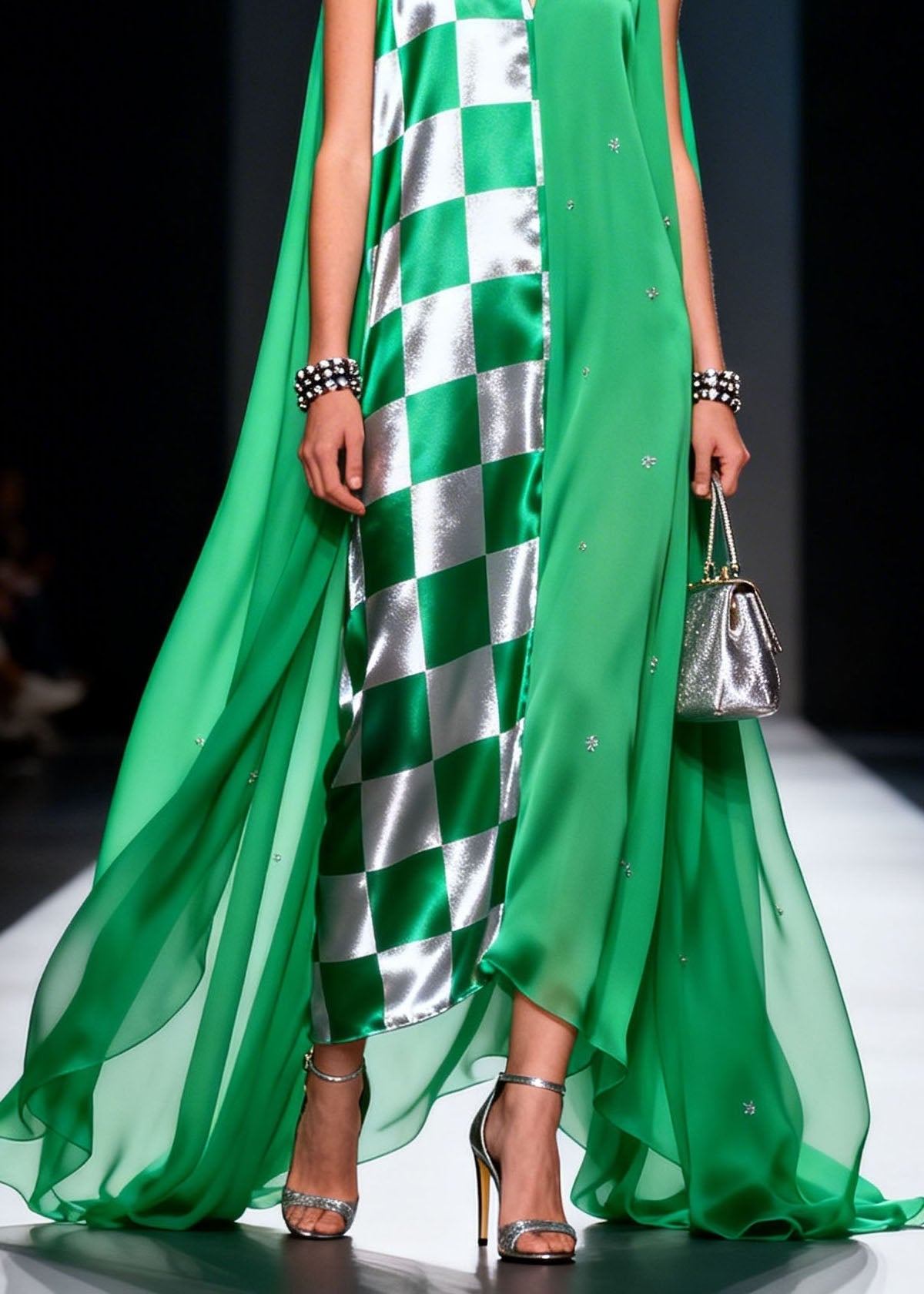 Unique Green V Neck Patchwork Chiffon Long Dress Summer