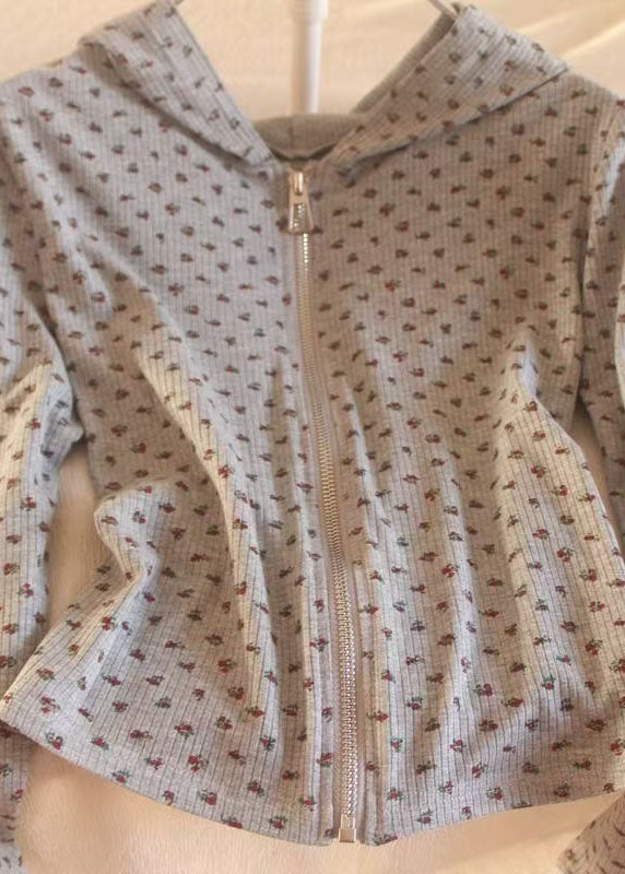 Unique Grey Zip Up Print Long Sleeve Yoga Coat Tops