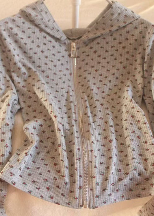Unique Grey Zip Up Print Long Sleeve Yoga Coat Tops