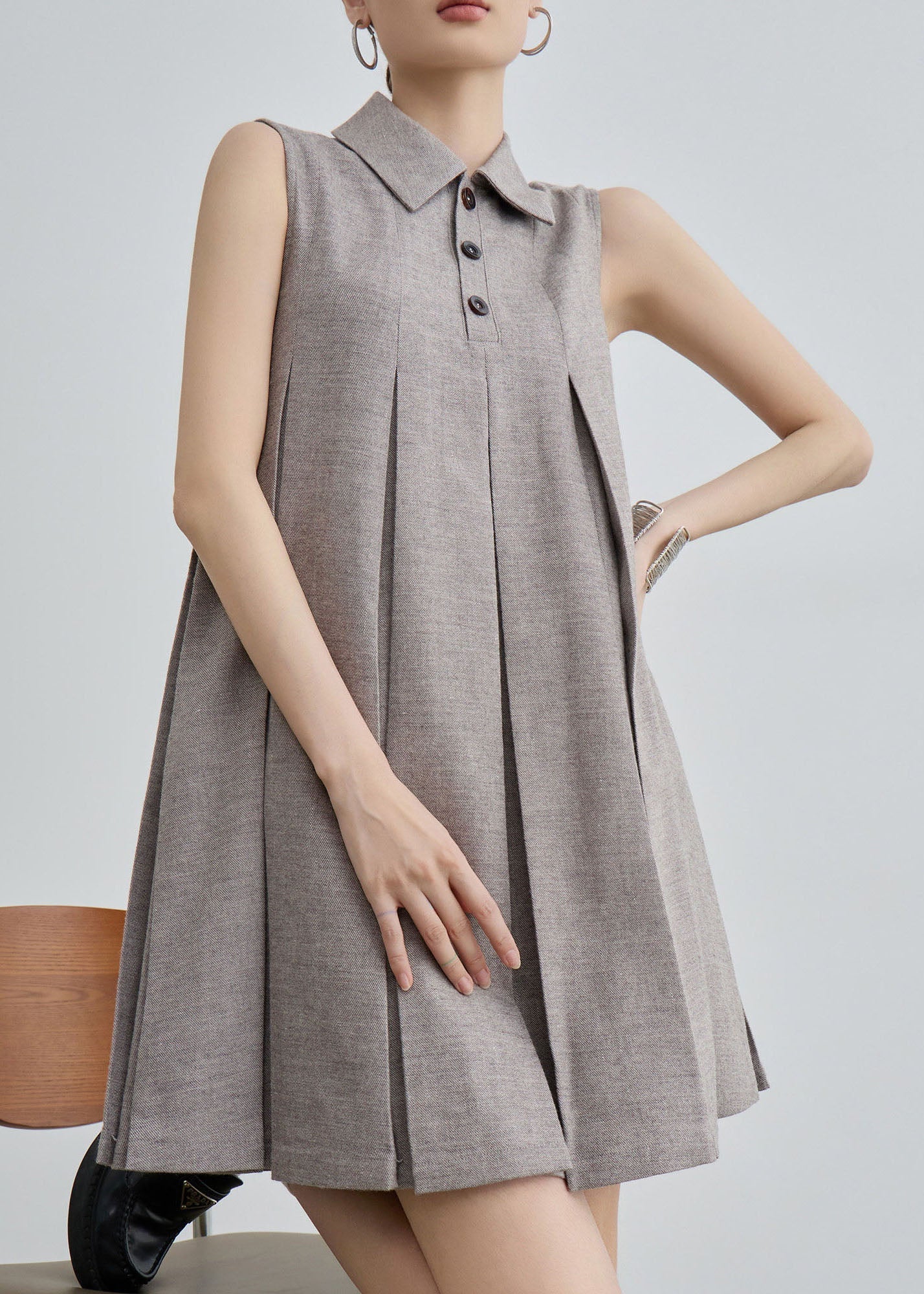 Unique Peter Pan Collar Wrinkled Cotton Mid Dresses Sleeveless