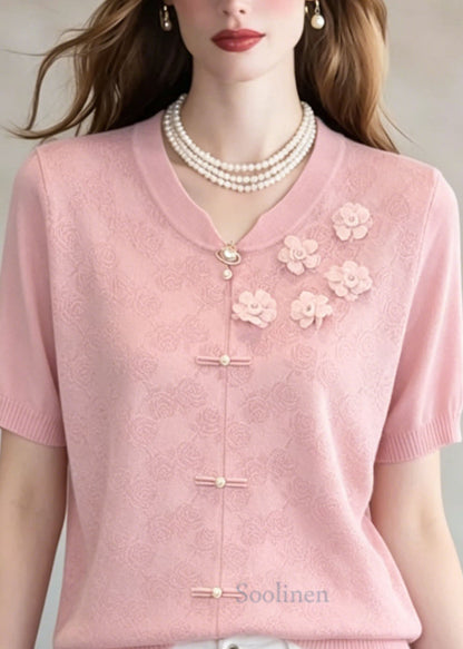 Unique Pink Jacquard Floral Thin Knit Top Summer