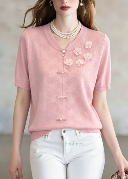 Unique Pink Jacquard Floral Thin Knit Top Summer