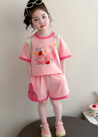 Unique Pink Oversized Print Cotton Baby Girls Two Pieces Set Summer