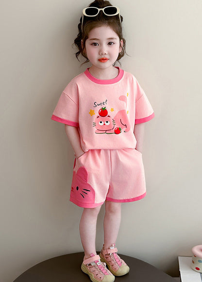 Unique Pink Oversized Print Cotton Baby Girls Two Pieces Set Summer