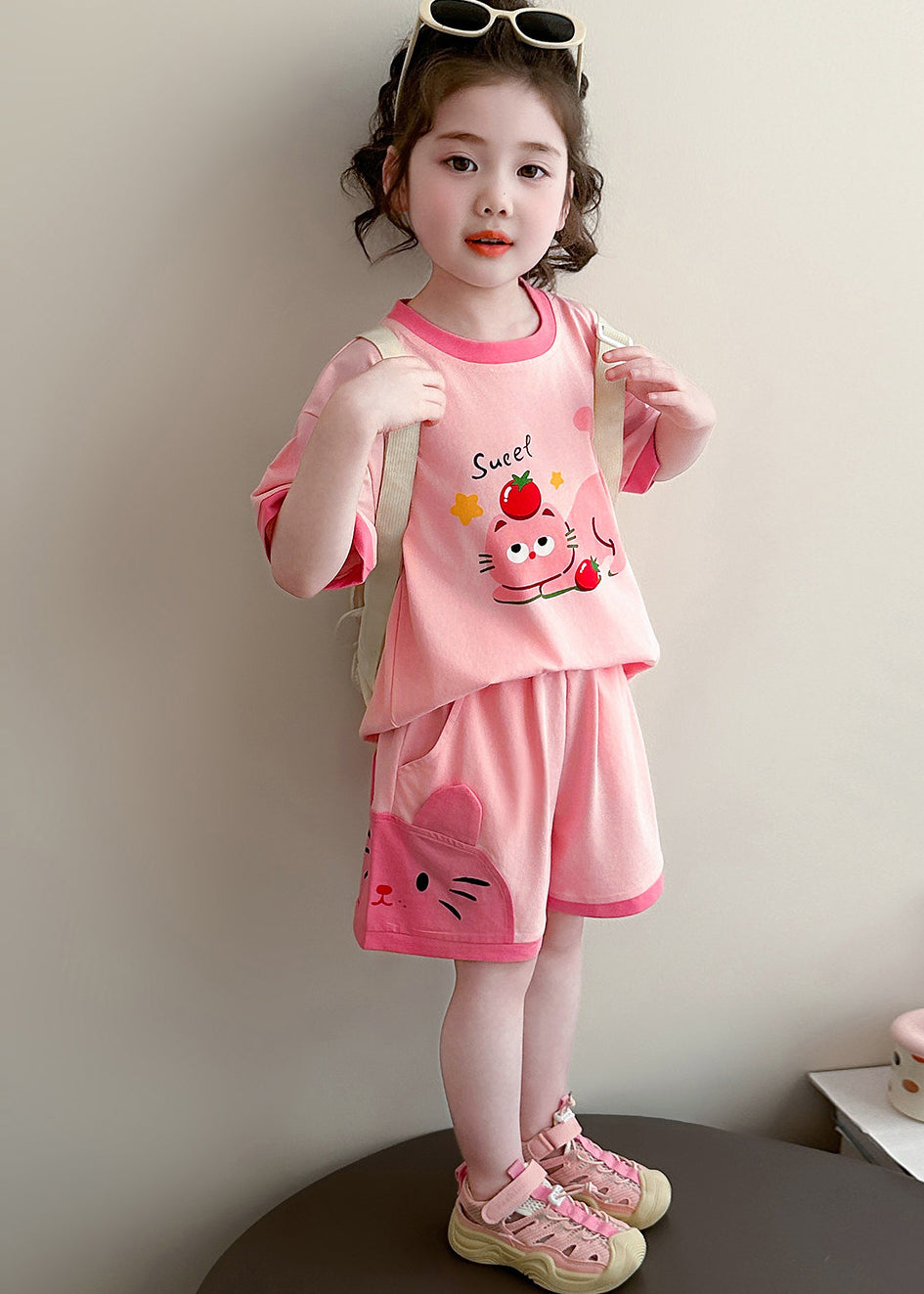 Unique Pink Oversized Print Cotton Baby Girls Two Pieces Set Summer