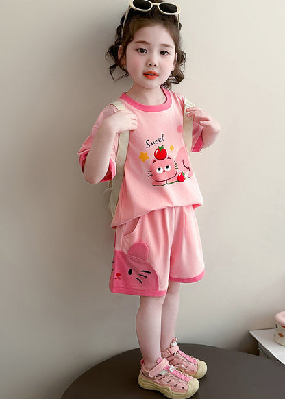 Unique Pink Oversized Print Cotton Baby Girls Two Pieces Set Summer