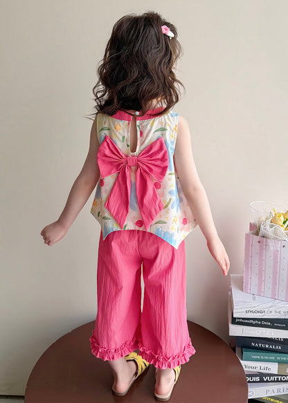 Unique Pink Ruffled Print Bow Cotton Kids Girls Two Piece Set Outfits Summer