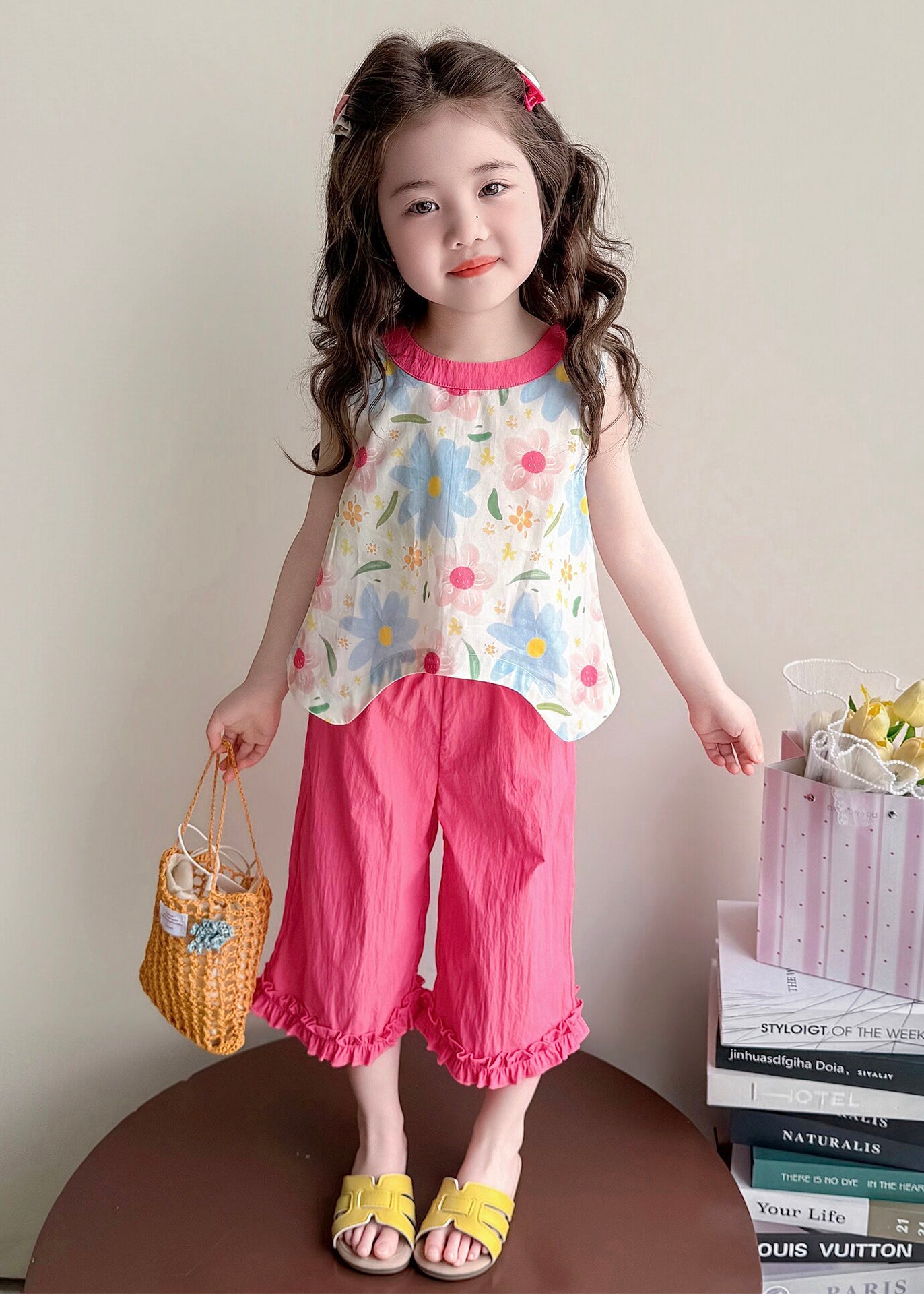 Unique Pink Ruffled Print Bow Cotton Kids Girls Two Piece Set Outfits Summer