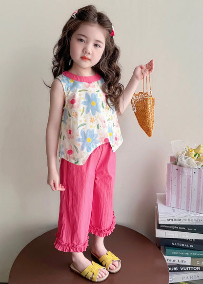 Unique Pink Ruffled Print Bow Cotton Kids Girls Two Piece Set Outfits Summer