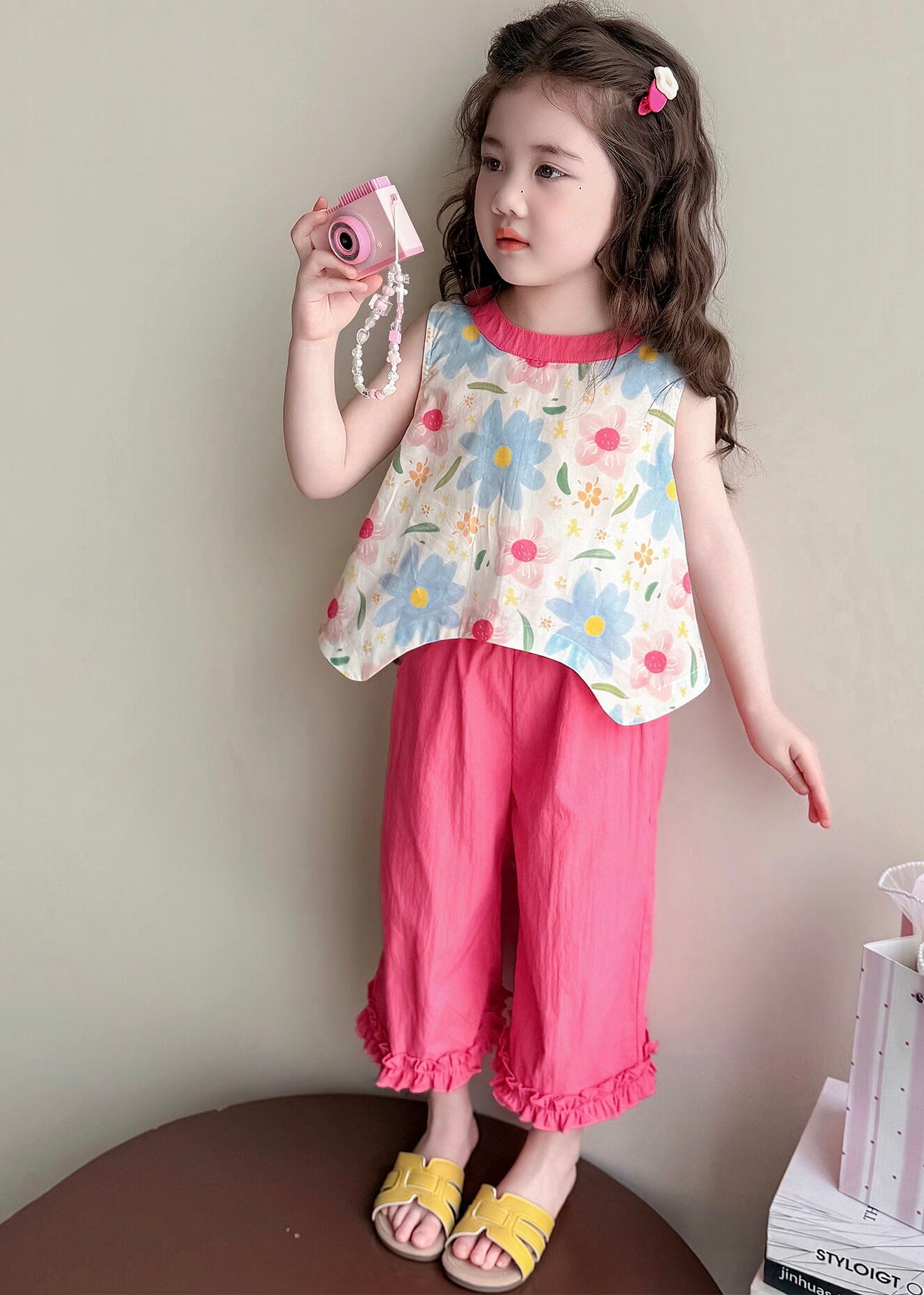 Unique Pink Ruffled Print Bow Cotton Kids Girls Two Piece Set Outfits Summer