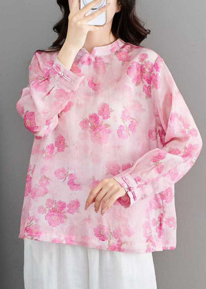 Unique Pink Stand Collar Print Linen Shirt Tops Spring