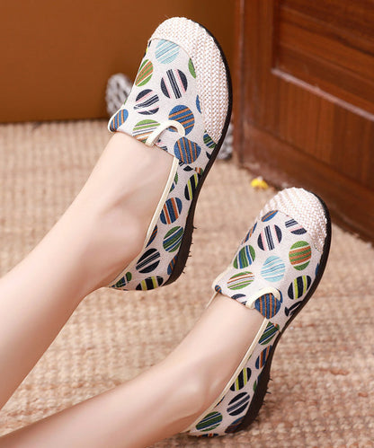 Unique Print Flat Shoes For Women Beige Linen Fabric