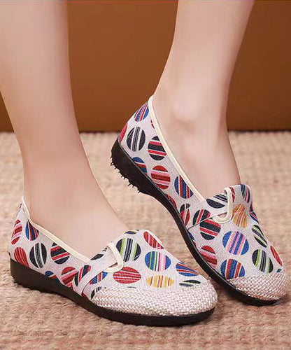 Unique Print Flat Shoes For Women Beige Linen Fabric
