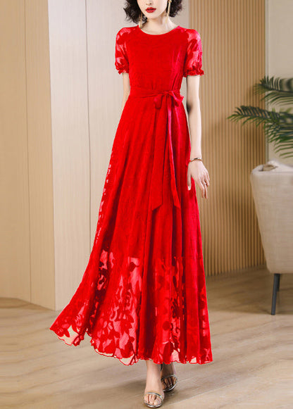 Unique Red O Neck Print Lace Up Chiffon Dress Summer