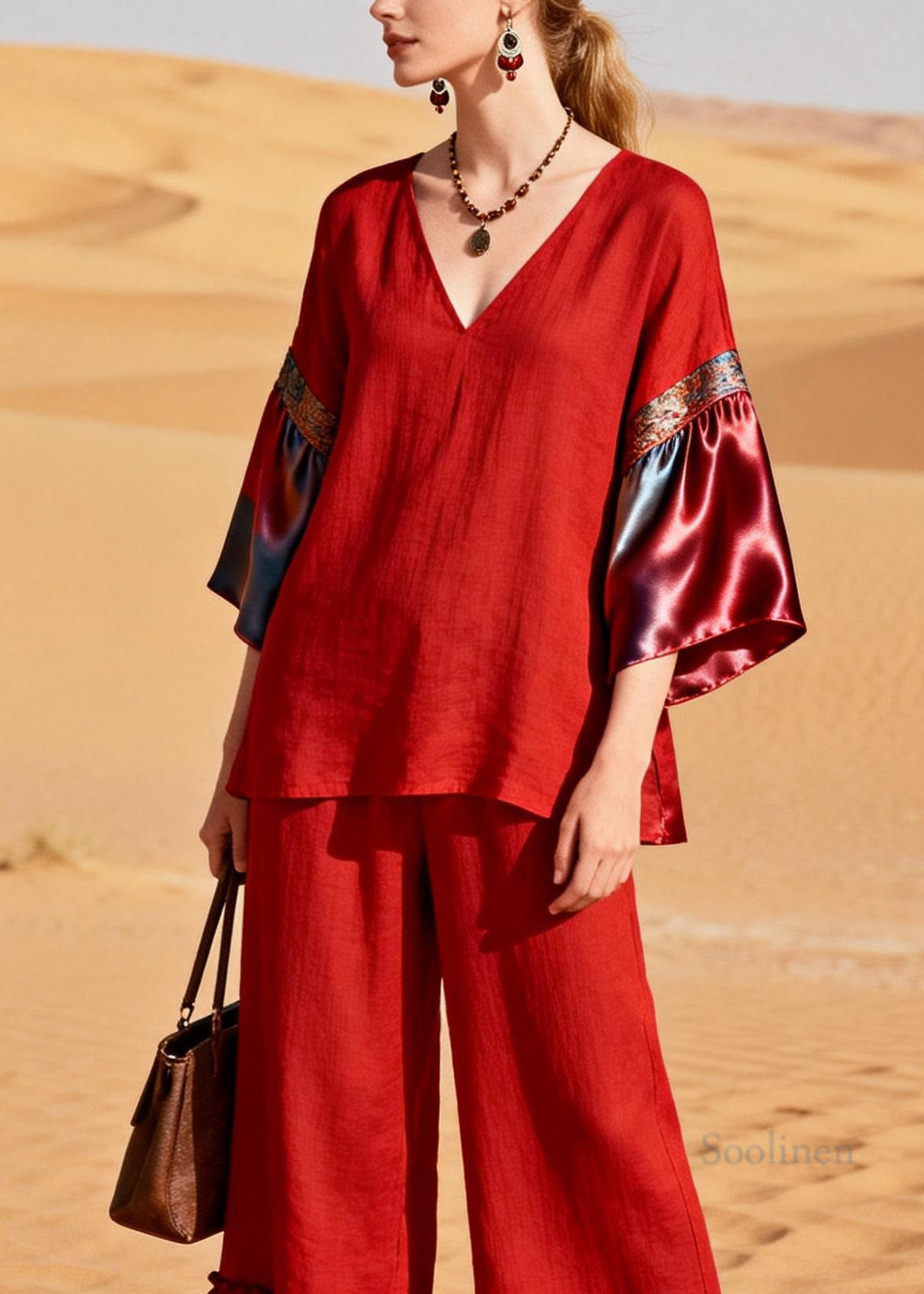 Unique Red Ruffled Patchwork Linen Silk Two Piece Set Outfits Summer