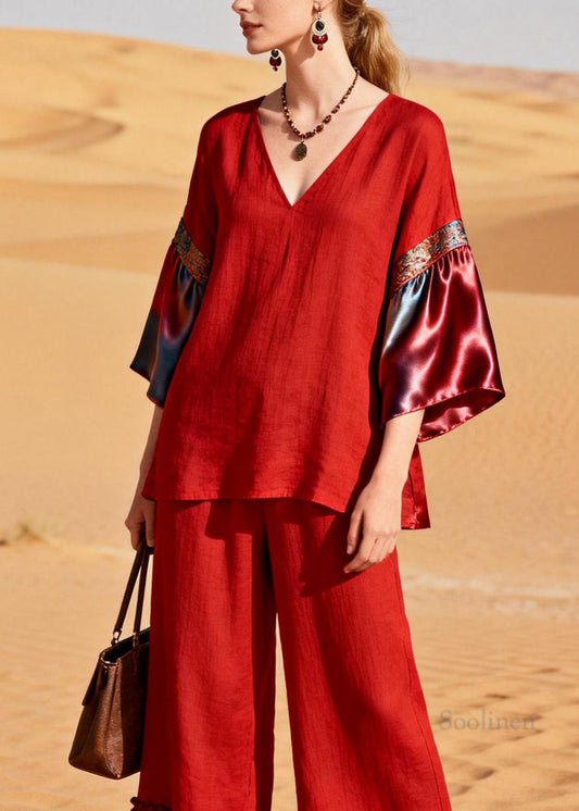 Unique Red Ruffled Patchwork Linen Silk Two Piece Set Outfits Summer