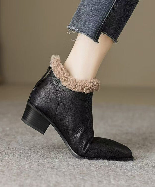 Unique Splicing Chunky Boots Black Sheepskin Fuzzy Wool Lined