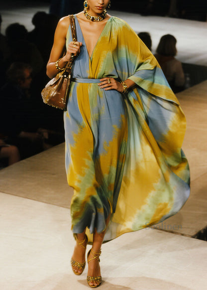 Unique V Neck Asymmetrical Design Tie Dye Cotton Long Dress Spring