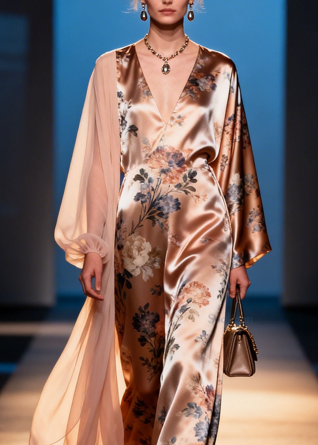 Unique V Neck Print Patchwork Silk Maxi Dresses Spring