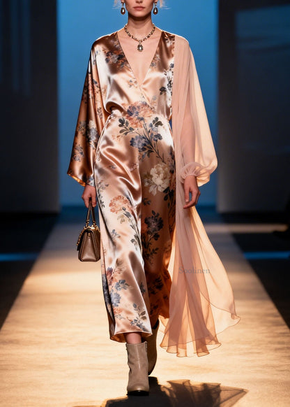 Unique V Neck Print Patchwork Silk Maxi Dresses Spring